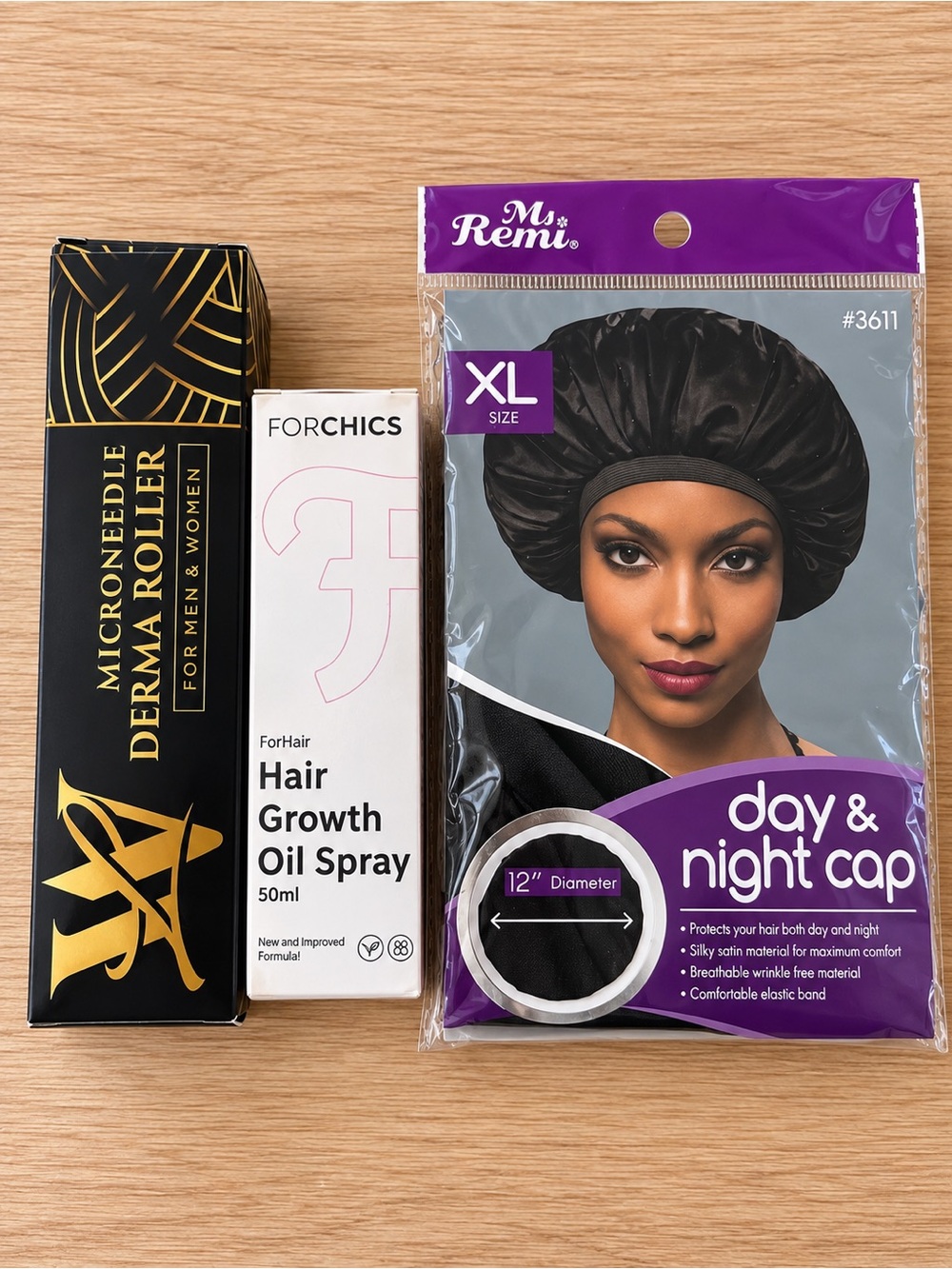 Annie Black Satin Day & Night Cap with Purple Accent Packaging